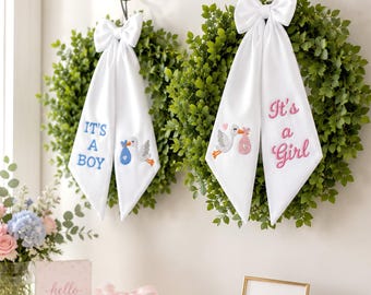 Custom Baby Announcement Wreath Sash, Gender Reveal Door Decor, It’s A Boy Or Girl Sash, Baby Shower Decor