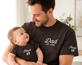 Personalized Dad And Son Matching Shirts, Embroidered Fathers Day Shirt With Kids Name, Custom Baby Bodysuit, Dad Gift, First Fathers Day