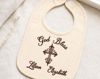 Personalized Baptism Bib, Embroidered Christening Bib, Baby Name Cross Bib, Newborn Keepsake, Baby Shower Gift
