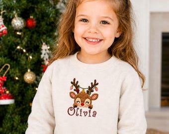 Custom Embroidered Reindeer Toddler Sweatshirt - Personalized Kids Christmas Sweatshirts With Names - Christmas Gifts For Boys And Girls