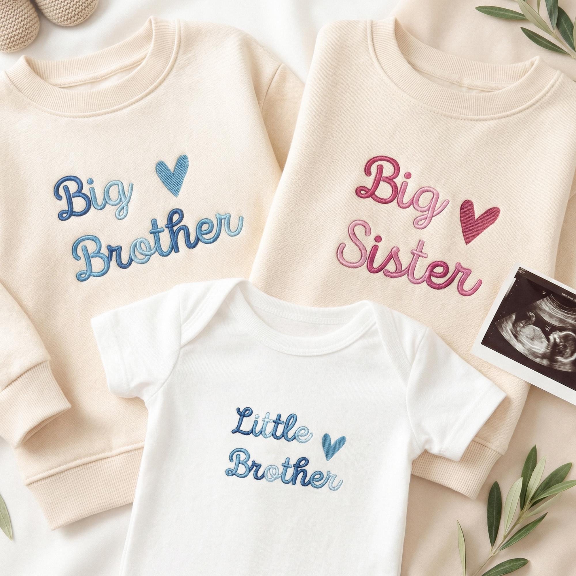 Big Bro Big Sis Embroidered Toddler Sweatshirt, Big Sister Sweater, Little Brother Romper, Sibling Pregnancy Announcement, Baby Coming Soon