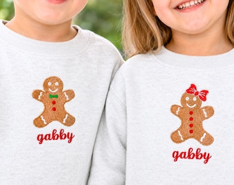 Embroidered Gingerbread Christmas Toddler Sweatshirt - Personalized Matching Sibling Christmas Sweaters With Names - Kids Chrismas Gifts