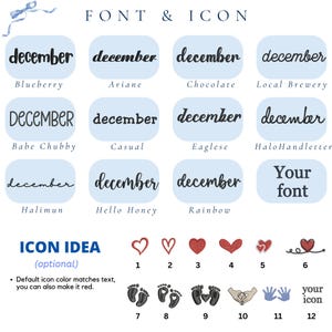 Pode incluir: Um gr&aacute;fico mostrando op&ccedil;&otilde;es de fontes e &iacute;cones. A palavra "december" &eacute; exibida em v&aacute;rias fontes, incluindo Blueberry, Ariane e Chocolate. Os &iacute;cones incluem cora&ccedil;&otilde;es, pegadas e designs de m&atilde;os dadas. O texto inclui "FONT & ICON" e "ICON IDEA".