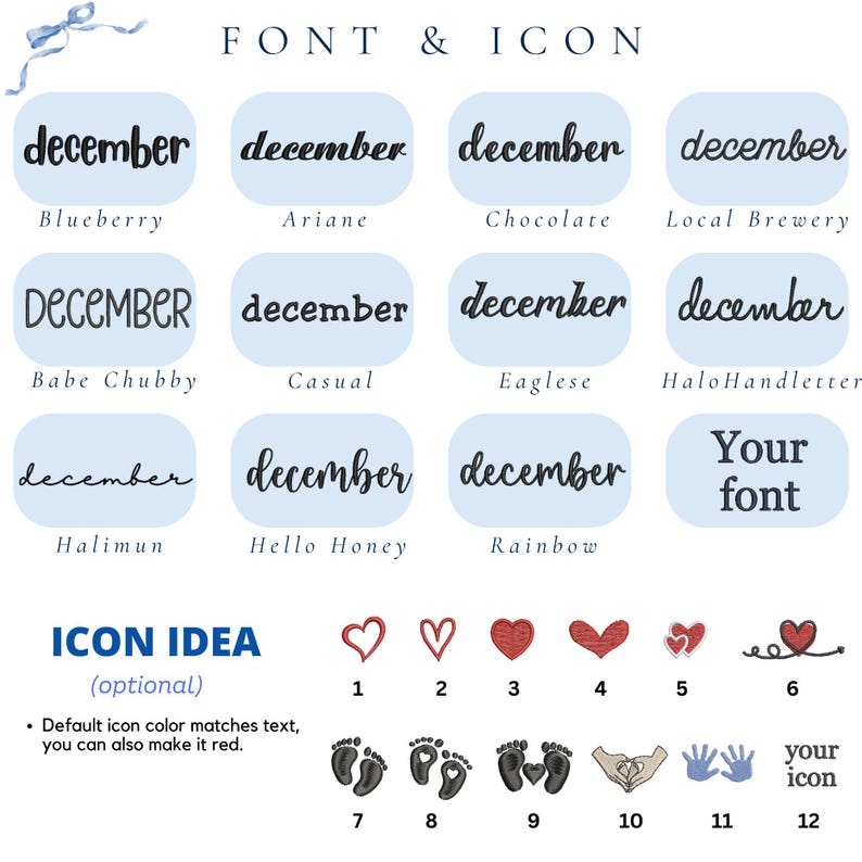 Pode incluir: Um gr&aacute;fico mostrando op&ccedil;&otilde;es de fontes e &iacute;cones. A palavra "december" &eacute; exibida em v&aacute;rias fontes, incluindo Blueberry, Ariane e Chocolate. Os &iacute;cones incluem cora&ccedil;&otilde;es, pegadas e designs de m&atilde;os dadas. O texto inclui "FONT & ICON" e "ICON IDEA".