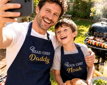 Embroidered Chef Apron With Pockets, Bbq Apron For Dad And Son, Matching Family Aprons For Cooking, Christmas Gift For Dad