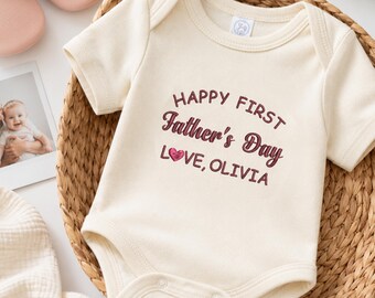 Embroidered Happy First Father's Day Romper - Daddy's First Fathers Day Baby Bodysuit - Neutral Newborn Outfit - Baby Girl Gift For Dad