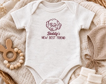 Custom Embroidered Pet Portrait Baby Bodysuit - New Best Friend Infant Bodysuit - Dog Pregnancy Announcement - Dog And New Baby Gift