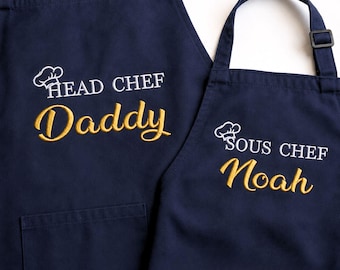 Matching Chef Aprons, Personalized Embroidered Dad And Child Cooking Gift, Apron For Dad And Son, Head Chef Sous Chef Aprons