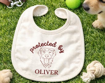 Custom Embroidered Dog Baby Bib, Protected By Your Dog Baby Bib with Name, Golden Retriever Baby Bib, Baby Announcement Gifts