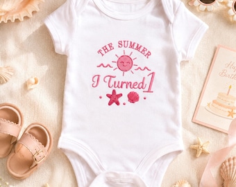 The Summer I Turned 1 Embroidered Baby Bodysuit, 1st Birthday Outfit Girl Sea, Beach Outfits Baby Girl, Baby Boy Ocean Themed Romper