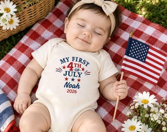 Embroidered My First 4th of July Baby Bodysuit, Personalized USA 250th Anniversary Shirt, Born in America’s 250th Year, Patriotic Baby Gift