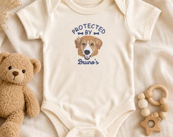 Custom Dog Portrait Baby Bodysuit From Photo - Embroidered Protect By Dog Infant - Dog Baby Announcement Outfit - Dog And Baby Gifts