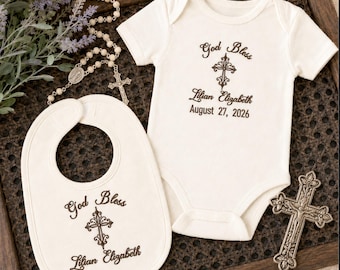 Custom Baptism Bib and Bodysuit Set, Personalized Baby Shower Gift, Godchild Keepsake Gift, Embroidered Christening Gift, Baby Name Cross