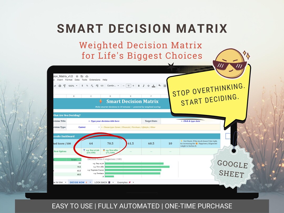Weighted Decision Matrix Google Sheets Template | Life Career Financial ...