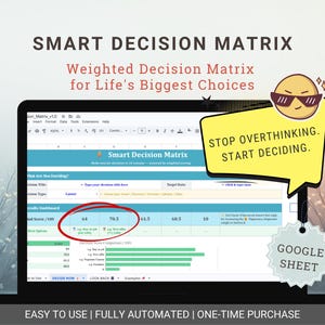 May include: A laptop screen displays a "Smart Decision Matrix" spreadsheet. The text reads "Stop Overthinking. Start Deciding." and "Google Sheet." The spreadsheet shows numerical data and a highlighted section. The bottom of the screen reads "Easy to Use | Fully Automated | One-Time Purchase."
