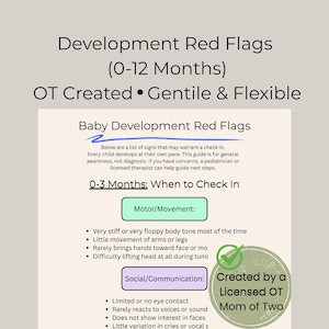 Puede incluir: Una guía titulada "Signos de alerta del desarrollo (0-12 meses)" con listas de signos para que los padres los comprueben. La guía está creada por un terapeuta ocupacional, es suave y flexible. Incluye secciones sobre motricidad y comunicación.