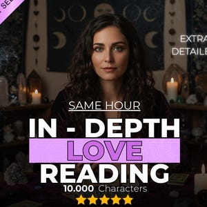 Könnte beinhalten: Ein Werbebild zeigt eine Frau mit dunklem Haar, die einen Liebeslese-Service bewirbt. Der Text lautet "Same Hour", "In-Depth Love Reading" und "Best Seller". Der Hintergrund umfasst Kerzen und himmlische Dekorationen.