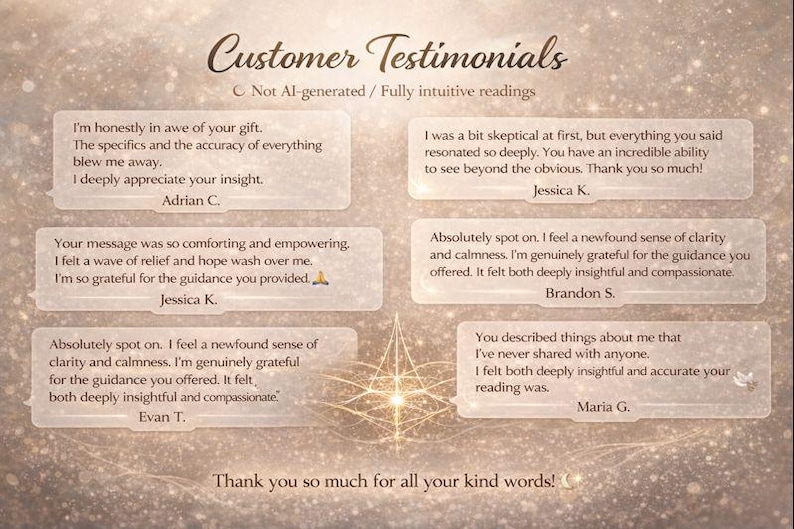 May include: A digital graphic featuring customer testimonials. The text reads "Customer Testimonials" and includes several quotes from satisfied customers. The background has a shimmering, golden effect.