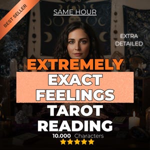 Pode incluir: Imagem promocional de leituras de tarot. O texto inclui "EXTREMELY EXACT FEELINGS TAROT READING", com rótulos "BEST SELLER" e "SAME HOUR". Uma mulher é o foco central, com um fundo de decoração mística.