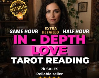 May include: A digital graphic for an in-depth love tarot reading service. The text reads: BEST SELLER, SAME HOUR, EXTRA DETAILED, HALF HOUR, IN-DEPTH LOVE TAROT READING, 7k SALES, Reliable seller, and five yellow stars are displayed at the bottom.