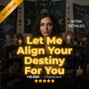 May include: An image featuring a woman with long dark hair, with the text "Let Me Align Your Destiny For You" in large yellow letters. The image includes candles, crystals, and a "Best Seller" banner.