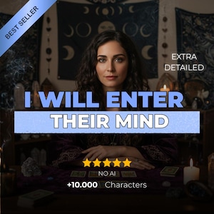 Può includere: Una donna con i capelli scuri e un'espressione seria è al centro di questa immagine. Il testo sull'immagine recita "I WILL ENTER THEIR MIND". L'immagine include un banner "BEST SELLER" e un'etichetta "+10.000 Characters".