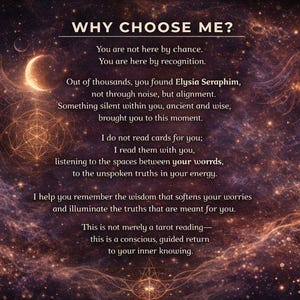 May include: A celestial-themed image with the text "WHY CHOOSE ME?" and other text. The background is a dark, starry sky with a crescent moon and ethereal wings. The text describes a spiritual journey.