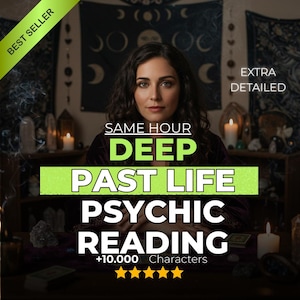 Peut inclure: Image publicitaire pour une consultation de voyance. Le texte indique "SAME HOUR DEEP PAST LIFE PSYCHIC READING" avec "+10.000 Characters" et une note de cinq étoiles. Une femme est au centre de l'image, avec des bougies et un décor mystique en arrière-plan.