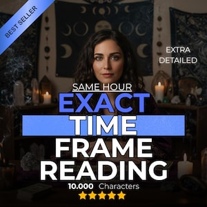 Könnte beinhalten: Das Bild zeigt eine Frau mit dunklen Haaren im Zentrum. Text-Overlays lesen "SAME HOUR EXACT TIME FRAME READING". Der Text "BEST SELLER" und "EXTRA DETAILED" ist ebenfalls vorhanden.