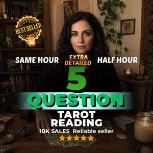 Op de afbeelding: Een advertentie voor een tarot-leesservice met de tekst BEST SELLER, SAME HOUR, EXTRA DETAILED, HALF HOUR, 5 QUESTION TAROT READING, 10K SALES, Reliable seller en vijf gele sterren op een houten tafel met tarotkaarten.