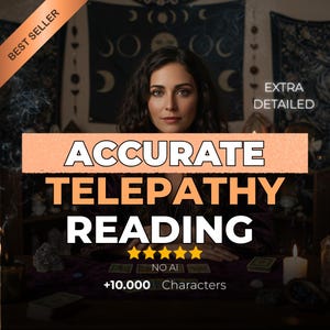 May include: An image featuring a woman with dark hair, centered in the frame, with text overlayed. The text reads "ACCURATE TELEPATHY READING" in large orange letters. Additional text includes "BEST SELLER", "EXTRA DETAILED", and "+10.000 Characters".