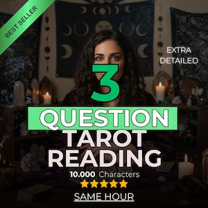 Könnte beinhalten: Werbebild für eine Tarot-Lesung. Der Text lautet "3 QUESTION TAROT READING" mit den Labels "BESTSELLER" und "EXTRA DETAILED". Das Bild zeigt eine Frau und enthält eine Fünf-Sterne-Bewertung sowie den Text "SAME HOUR".