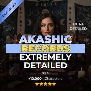 Puede incluir: Imagen con el texto "AKASHIC RECORDS EXTREMELY DETAILED" y las palabras "BEST SELLER" y "EXTRA DETAILED." La imagen también incluye el texto "NO AI" y "+10.000 Characters." Una mujer está en el centro de la imagen.