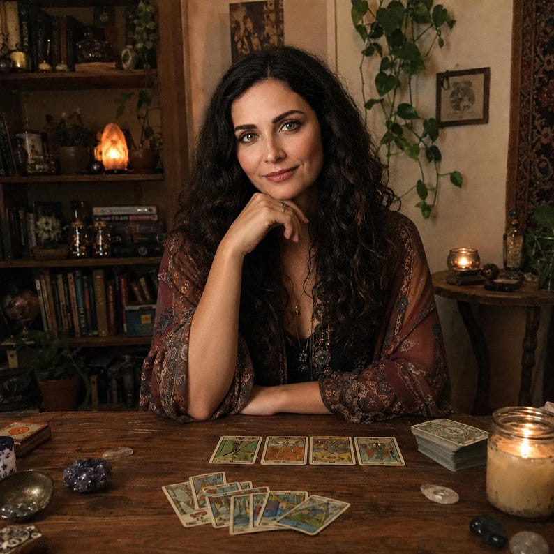 K&ouml;nnte beinhalten: Eine Person mit langem, dunklem, welligem Haar tr&auml;gt ein dunkles, gemustertes Oberteil im Kimono-Stil und sitzt an einem Holztisch, auf dem mehrere Tarotkarten ausgelegt sind, ein Kartenstapel, eine brennende Kerze im Glas und verschiedene Kristalle.