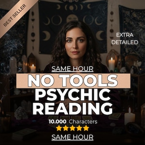 Può includere: Un'immagine con una donna dai capelli scuri, centrata nel fotogramma, con testo sovrapposto. Il testo recita "NO TOOLS PSYCHIC READING" e "SAME HOUR". L'immagine ha un tema mistico, con candele e tarocchi visibili.