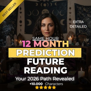 May include: An image promoting a future reading service. The text reads "12 MONTH PREDICTION FUTURE READING" with additional text: "Your 2026 Path Revealed" and "+10.000 Characters". The image features a woman and a "Best Seller" banner.