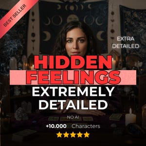 Może przedstawiać: Obraz promocyjny z kobietą o ciemnych włosach. Tekst "HIDDEN FEELINGS EXTREMELY DETAILED" jest wyświetlany na czerwono-białym banerze. Obraz zawiera tekst "BEST SELLER", "EXTRA DETAILED", "NO AI" i "+10.000 Characters".