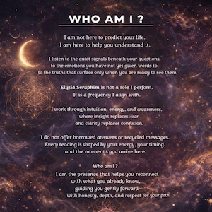 May include: A digital art print with a cosmic background, featuring a crescent moon, geometric shapes, and text that reads "WHO AM I?". The text describes a spiritual guide offering insight and clarity.