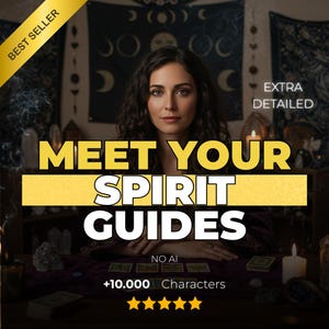 May include: A woman with dark hair is centered in a promotional image. The text "MEET YOUR SPIRIT GUIDES" is prominently displayed in yellow. Additional text includes "BEST SELLER", "EXTRA DETAILED", "NO AI", and "+10.000 Characters". The image has a mystical theme.