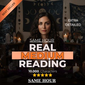 May include: An image featuring a woman with long, dark hair, centered in the frame. Text overlay reads "REAL MEDIUM READING" and "SAME HOUR." The image includes candles, tarot cards, and a banner that says "BEST SELLER."