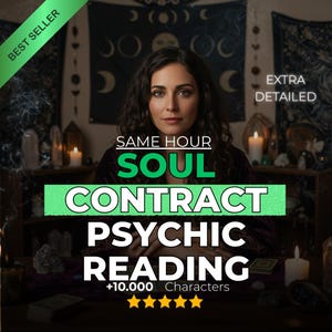 Pode incluir: Imagem com uma mulher de cabelo escuro no centro. Sobreposições de texto indicam "SAME HOUR SOUL CONTRACT PSYCHIC READING", com rótulos "BEST SELLER" e "EXTRA DETAILED". A imagem inclui velas e decoração mística.