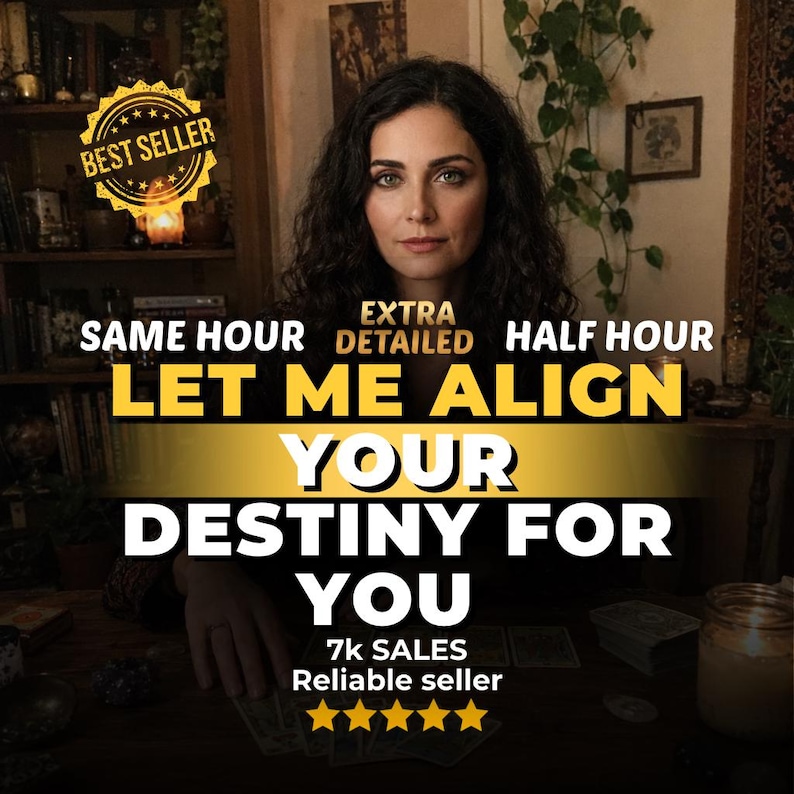 K&ouml;nnte beinhalten: Eine Person mit dunklem, welligem Haar sitzt an einem Tisch mit Texteinblendungen: BEST SELLER, SAME HOUR, EXTRA DETAILED, HALF HOUR, LET ME ALIGN YOUR DESTINY FOR YOU, 7k SALES, Reliable seller und f&uuml;nf gelben Sternen am unteren Bildrand.