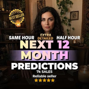 May include: A person with dark curly hair sits behind a table with cards, featuring text overlays: BEST SELLER, SAME HOUR, EXTRA DETAILED, HALF HOUR, NEXT 12 MONTH PREDICTIONS, 7k SALES, Reliable seller, and five yellow stars on a dark background.