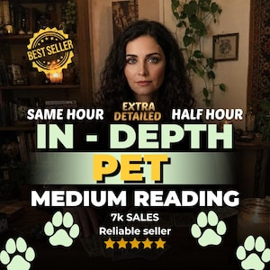 Puede incluir: Un gráfico digital con una persona de cabello oscuro y el texto BEST SELLER, SAME HOUR, EXTRA DETAILED, HALF HOUR, IN-DEPTH PET MEDIUM READING, 7k SALES, Reliable seller y cinco estrellas amarillas, con huellas de patas de color verde claro.