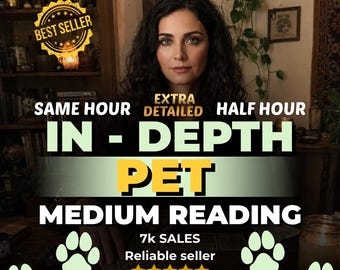 Könnte beinhalten: Eine digitale Grafik mit einer dunkelhaarigen Person und dem Text BEST SELLER, SAME HOUR, EXTRA DETAILED, HALF HOUR, IN-DEPTH PET MEDIUM READING, 7k SALES, Reliable seller sowie fünf gelben Sternen, akzentuiert durch hellgrüne Pfotenabdrücke.