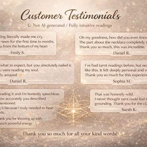 May include: A digital graphic featuring customer testimonials in text bubbles against a sparkling, light-colored background. The text includes positive feedback about intuitive readings, with names and phrases like "reading my soul" and "honestly speechless."