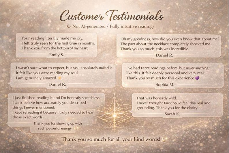 May include: A digital graphic featuring customer testimonials in text bubbles against a sparkling, light-colored background. The text includes positive feedback about intuitive readings, with names and phrases like "reading my soul" and "honestly speechless."