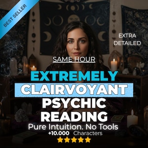Może przedstawiać: Obraz promujący czytanie z kart. Tekst brzmi "EXTREMELY CLAIRVOYANT PSYCHIC READING" z dodatkowym tekstem: "Pure Intuition. No Tools" i "+10.000 Characters". Obraz przedstawia kobietę z ciemnym tłem i świecami.