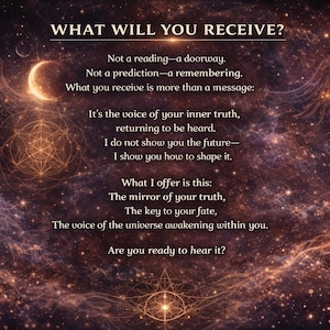 May include: An ethereal image with a cosmic background, featuring text that reads "WHAT WILL YOU RECEIVE?". The image includes celestial elements like a crescent moon, wings, and geometric shapes, with a warm color palette of browns and golds.
