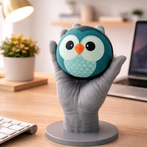 May include: A teal and blue owl-shaped stress ball with large white eyes and an orange beak. The owl is held by a gray hand-shaped stand on a wooden desk. A desk lamp, keyboard, and laptop are in the background.